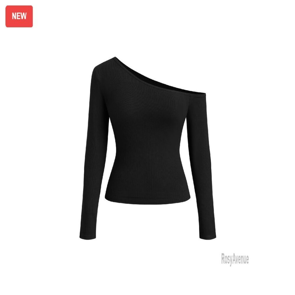 One Shoulder Long Sleeve Ribbed Knit Slim Fit Pullover Top